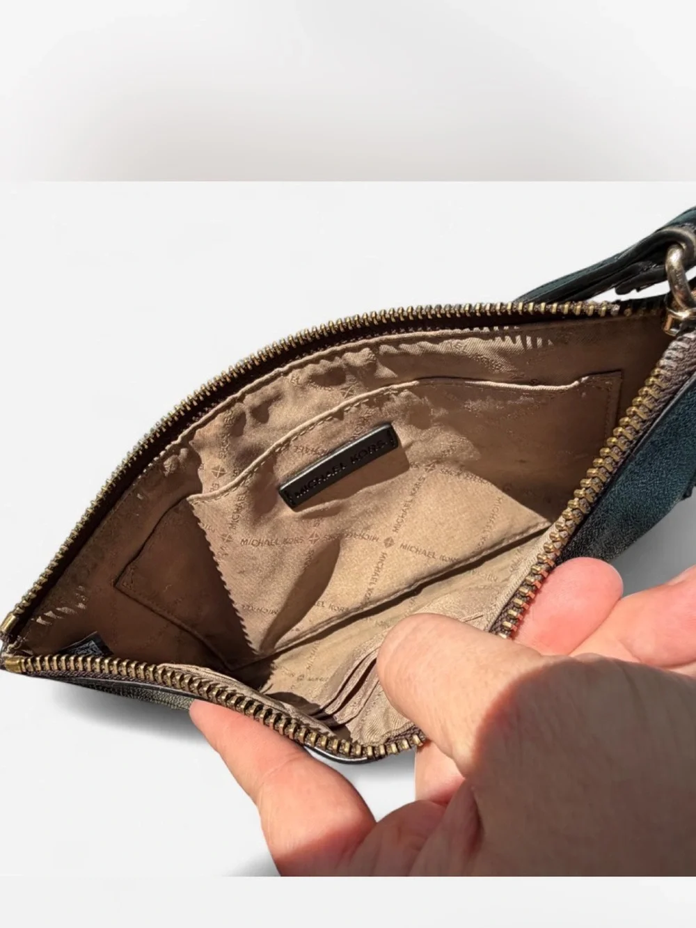 Michael Kors Dark Brown MK Logo Wristlet with Black Strap